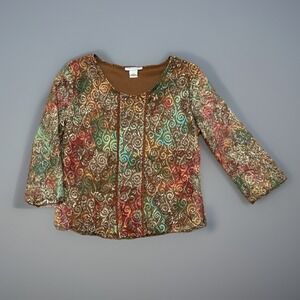 Michelle Michelle Brown Floral‎ Lace 3/4 Sleeve Sheer Top Blouse Medium